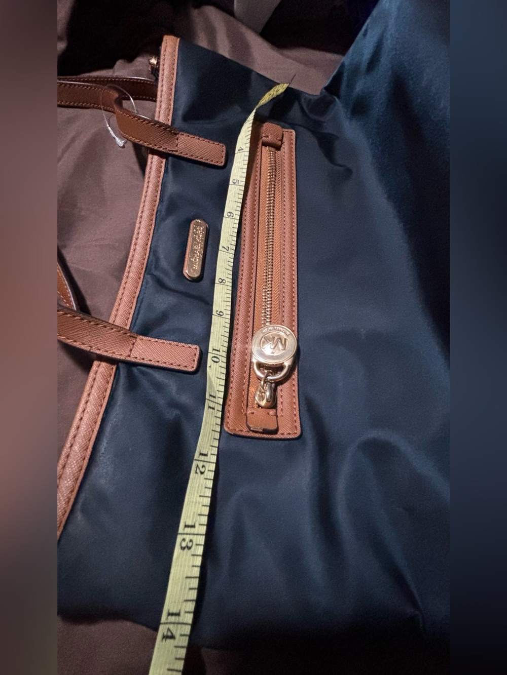 Michael Kors Navy Blue Tote with Brown Trim and Gold Hardware - Picture 5 of 9